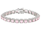 Pre-Owned Pink And White Cubic Zirconia Rhodium Over Brass Asscher Cut Tennis Bracelet 23.43ctw