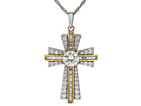 Pre-Owned White Cubic Zirconia Rhodium And 18k Yellow Gold Over Sterling Silver Cross Pendant 3.19ct