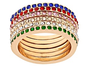 Pre-Owned Multi-Color Crystal Gold Tone Set of 6 Band Rings 1.8mm