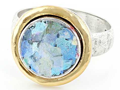 Pre-Owned Two Tone Sterling Silver & 14K Gold Over Silver Roman Glass Ring 10mm