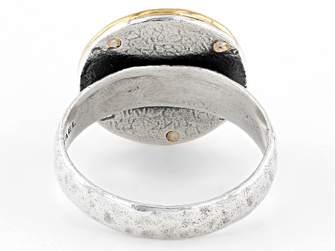 Pre-Owned Two Tone Sterling Silver & 14K Gold Over Silver Roman Glass Ring 10mm