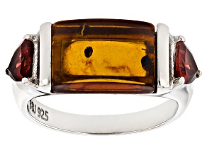 Pre-Owned Amber Rhodium Over Sterling Silver 3-Stone Ring 1.06ctw