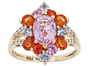 Pre-Owned Kunzite, Ruby And Multi Color Sapphire And White Diamond 14k Yellow Gold Ring 2.82ctw