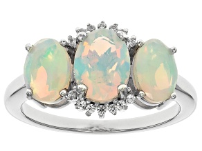 Pre-Owned White Ethiopian Opal With White Zircon Rhodium Over Sterling Silver Ring 1.71ctw