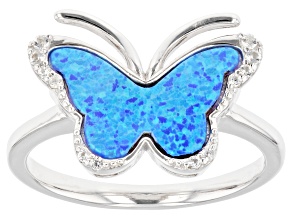 Pre-Owned Blue Lab Created Opal Rhodium Over Sterling Silver Butterfly Ring 0.12ctw