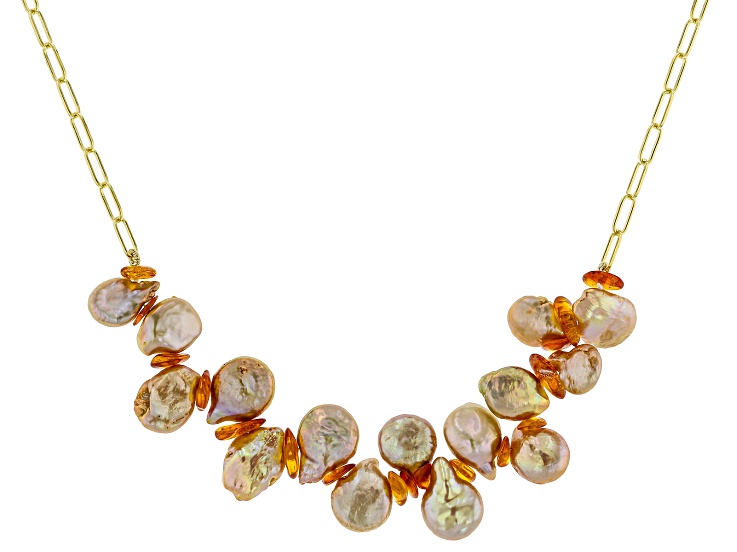 Pre-Owned Genusis â„¢ Golden Cultured Freshwater Pearl & Amber 14k Yellow Gold Over Silver 22 Inch Nec
