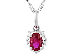 Pre-Owned Red Lab Created Ruby Rhodium Over Sterling Silver Leo Birthstone Pendant With Chain 0.81ct