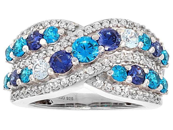 Pre-Owned Blue And White Cubic Zirconia Rhodium Over Sterling Silver Ring 3.70ctw
