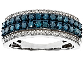 Pre-Owned Blue And White Diamond Rhodium Over Sterling Silver Band Ring 0.80ctw