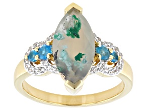 Pre-Owned Aquadite® Chalcedony, White Zircon, Neon Apatite 18k Yellow Gold Over Sterling Silver Ring