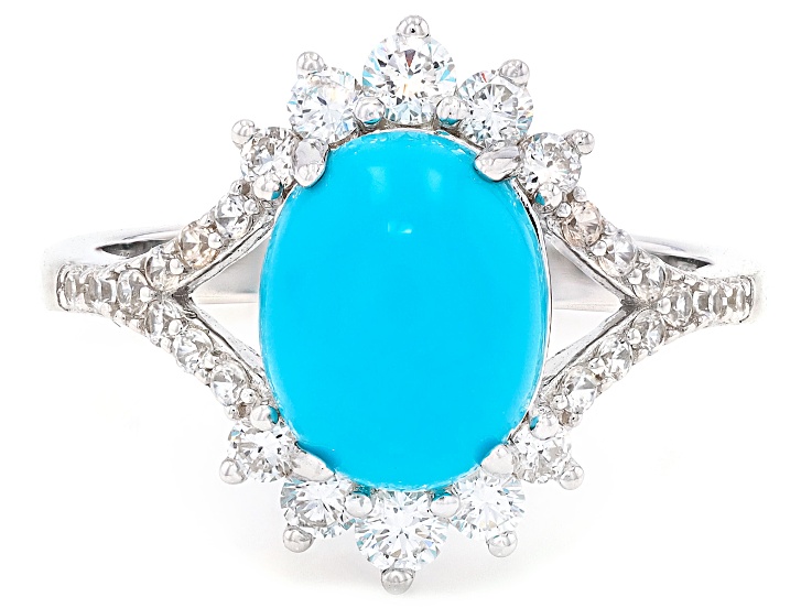 Pre-Owned Sleeping Beauty Turquoise with PrazanaÂ® Lab Grown Diamonds Rhodium Over Sterling Silver Ri