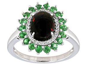 Pre-Owned Black Opal with Green Tsavorite and White Zircon Rhodium Over Sterling Silver Ring 0.92ctw