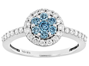 Pre-Owned Blue And White Lab-Grown Diamond SI Rhodium Over Sterling Silver Halo Ring 0.75ctw