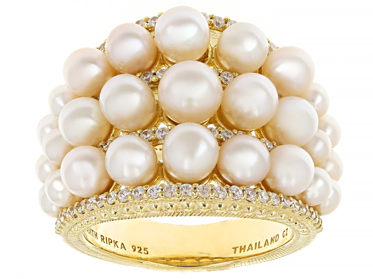 Pre-Owned Judith Ripka Cultured Freshwater Pearl With Cubic Zirconia 14k Gold Clad Colette Ring 0.79