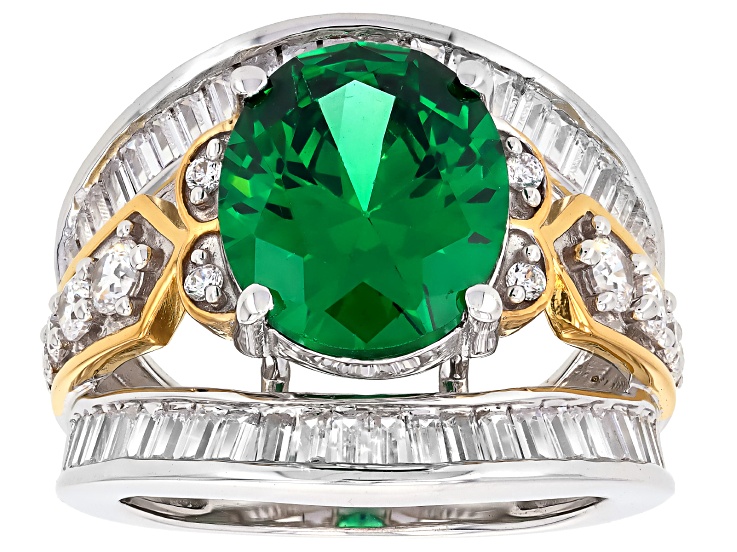 Pre-Owned Green And White Cubic Zirconia Rhodium And 18k Yellow Gold Over Sterling Silver Ring 7.90c