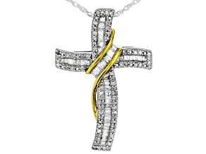 Pre-Owned White Diamond Rhodium And 14k Yellow Gold Over Sterling Silver Cross Slide Pendant 0.50ctw
