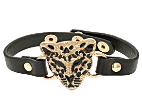 Pre-Owned Imitation Leather Gold Tone Leopard Head Bracelet