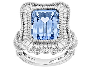 Pre-Owned Judith Ripka Blue Lab Created Spinel Rhodium Over Sterling Silver Princess Ring 15.19ctw