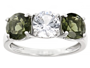 Pre-Owned Green Moldavite Rhodium Over Sterling Silver 3-Stone Ring 2.39ctw