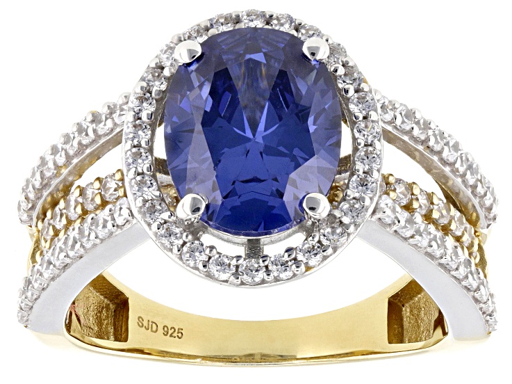 Pre-Owned Blue and White Cubic Zirconia 18k Yellow Gold Over Sterling Silver Ring 5.22ctw