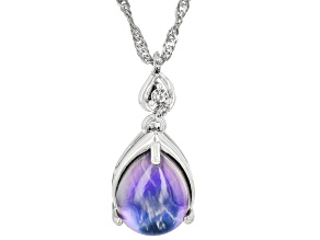 Pre-Owned Purple Aurora Moonstone With White Zircon Rhodium Over Sterling Silver Pendant With Chain