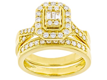 Picture of Pre-Owned White Lab-Grown Diamond F-G SI 14K Yellow Gold Over Sterling Silver Ring With Matching Ban