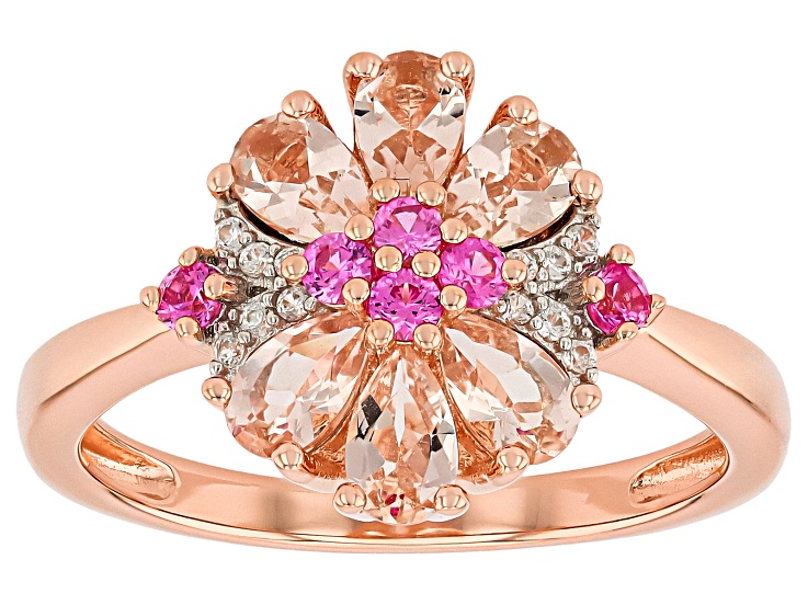 Pre-Owned Morganite With Lab Pink Sapphire With White Zircon 18k Rose Gold Over Sterling Silver Ring