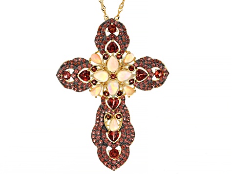 Pre-Owned Misty's Holiday Collection Ethiopian Opal/Garnet 18k Gold Over Sterling Silver Pendant/Cha