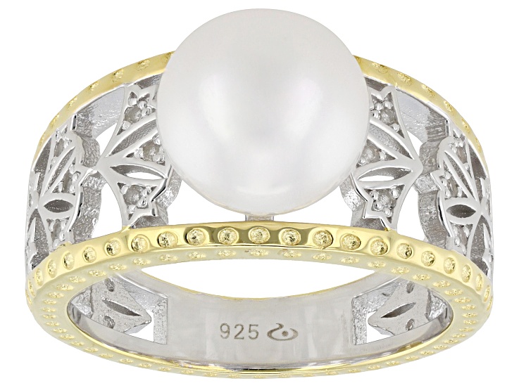 Pre-Owned White Cultured Freshwater Pearl With White Topaz Rhodium & 18k Gold Over Sterling Silver R