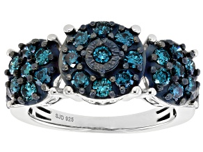 Pre-Owned Blue Diamond Rhodium Over Sterling Silver Cluster Ring 1.25ctw
