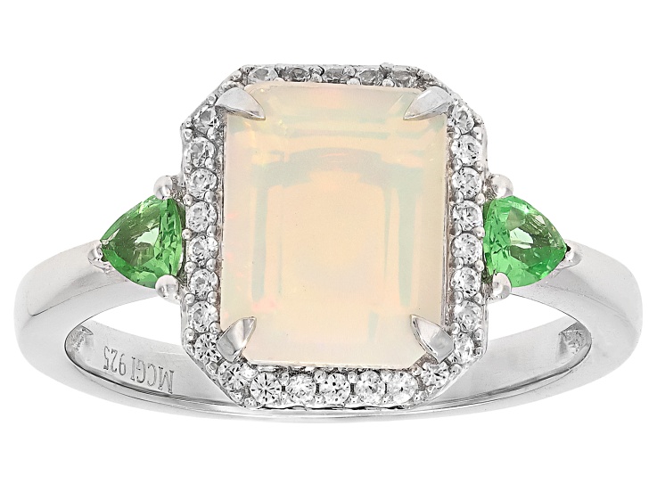 Pre-Owned White Ethiopian Opal with Mint Tsavorite & White Zircon Rhodium Over Sterling Silver Ring