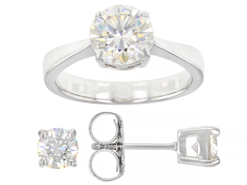 Pre-Owned Lab Created Strontium Titanate Rhodium Over Silver Ring And Earring Set 3.90ctw