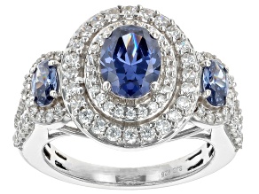 Pre-Owned Blue And White Cubic Zirconia Rhodium Over Silver Ring 4.49ctw
