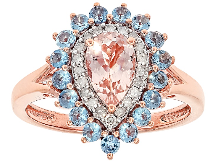 Pre-Owned Peach Morganite With Santa Maria Aquamarine With White Diamond 10k Rose Gold Ring 1.23ctw