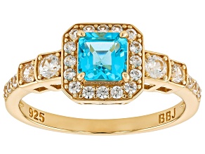 Pre-Owned Paraiba Blue Apatite With White Zircon 18k Yellow Gold Over Sterling Silver Ring 1.50ctw