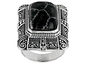 Pre-Owned Black Coral Sterling Silver Statement Ring 16x12mm