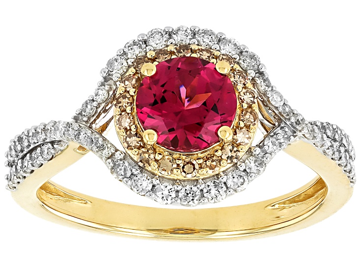 Pre-Owned Malawi Magenta Garnet With Champagne And White Diamond 14k Yellow Gold Halo Ring 1.22ctw
