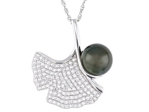 Pre-Owned Cultured Tahitian Pearl With White Topaz Rhodium Over Sterling Silver Pendant With Chain