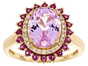 Pre-Owned Pink Kunzite With Grape Color Garnet And White Diamond 10k Yellow Gold Ring 3.22ctw
