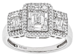 Pre-Owned White Lab-Grown Diamond H SI Rhodium Over Sterling Silver Halo Ring 0.85ctw