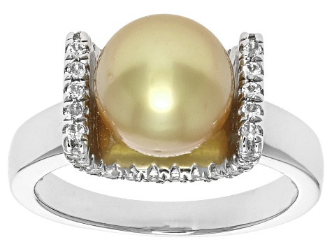 Pre-Owned Golden Cultured South Sea Pearl and White Topaz Rhodium Over Sterling Silver Ring