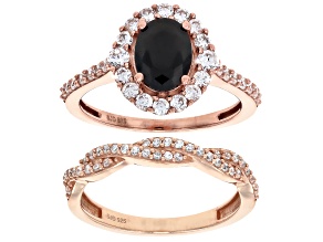 Pre-Owned Black and White Cubic Zirconia 18k Rose Gold Over Sterling Silver Halo Ring and Band Set 2