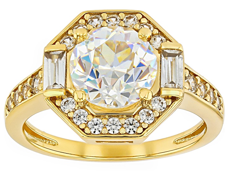 Pre-Owned Old European Cut Strontium Titanate 18k Yellow Gold Over Sterling Silver Ring 3.28ctw