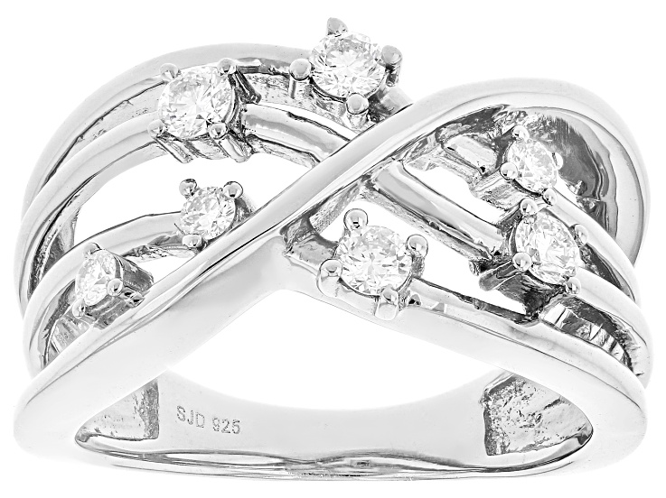 Pre-Owned White Lab-Grown Diamond H SI Rhodium Over Sterling Silver Crossover Band Ring 0.35ctw