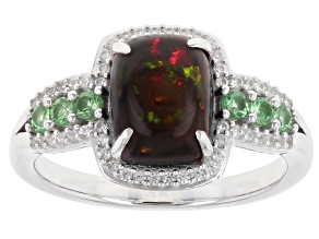 Pre-Owned Black Opal with Green Tsavorite and White Zircon Rhodium Over Sterling Silver Ring 0.70ctw