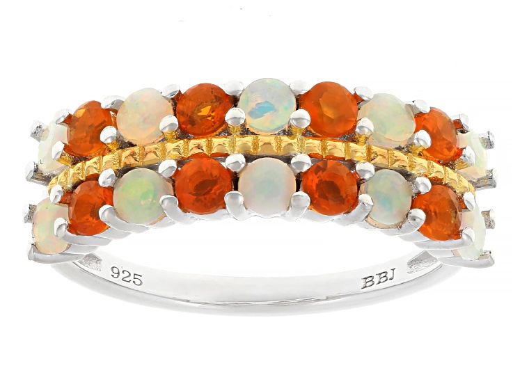 Pre-Owned White Ethiopian Opal With Orange Fire Opal Rhodium and 18k Gold Over Silver Ring 0.64ctw
