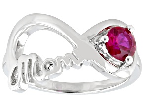 Pre-Owned Red Lab Created Ruby Rhodium Over Sterling Silver "Mom" Ring 0.55ct