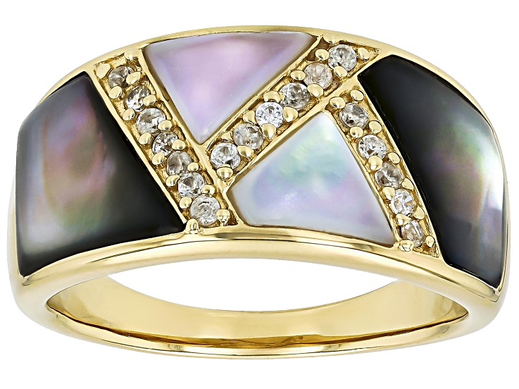Pre-Owned Black And White Mother-of-Pearl 18k Yellow Gold Over Sterling Silver Ring 0.17ctw