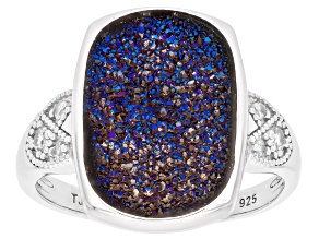 Pre-Owned Blue Druzy Quartz And White Zircon Rhodium Over Sterling Silver Solitaire Ring 3.57ctw