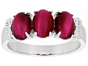 Pre-Owned Pink Tigers Eye Rhodium Over Sterling Silver 3-Stone Ring